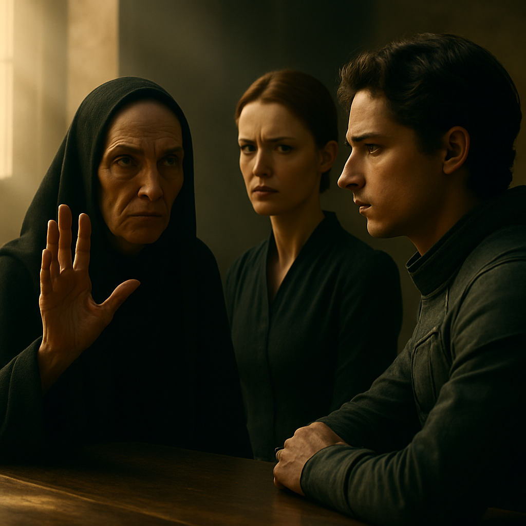 A recalled moment: the Reverend Mother holds up four big-knuckled fingers as she lectures Paul on what supports a world while Lady Jessica stands beside him pleading—an ominous, tightly controlled lesson that leaves Paul unsettled. The Reverend Mother’s face is carved and imperious; Jessica’s worry and Paul’s youthful unease are lit by cold council-room light.