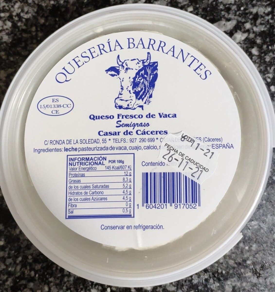 Queso Fresco De Vaca', 'ingredientslist': 'leche Pasteurizada De Vaca, Cuajo, Calcio, Sal