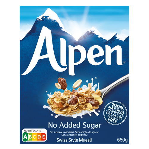 Muesli Estilo Suizo Con Copos De Trigo Entero Y Avena Con Pasas De Uva, Avellanas Y Almendras Tostadas, ALPEN MUESLI NO ADDED SUGAR, 560g