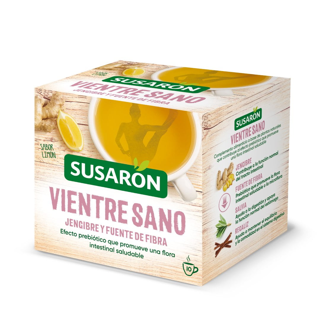 Infusión Vientre Sano Con Gengibre Y Fuente De Fibra Susarón 10 Bolsitas Filtro Es Un Complemento Alimenticio A Base De Plantas Naturales Que Contribuye Al Efecto Prebiótico Que Promueve Una ?ora Intestinal Saludable.