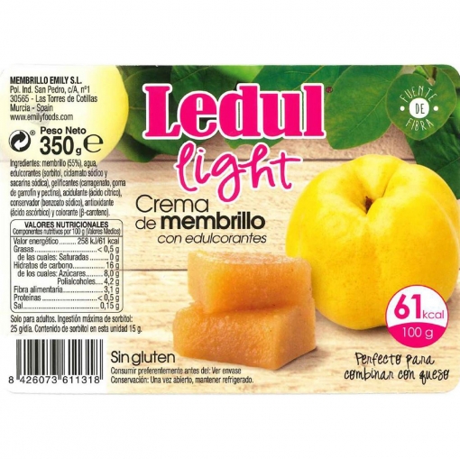 Crema De Membrillo Light Con Edulcorantes Ledul Sin Gluten 350 G.