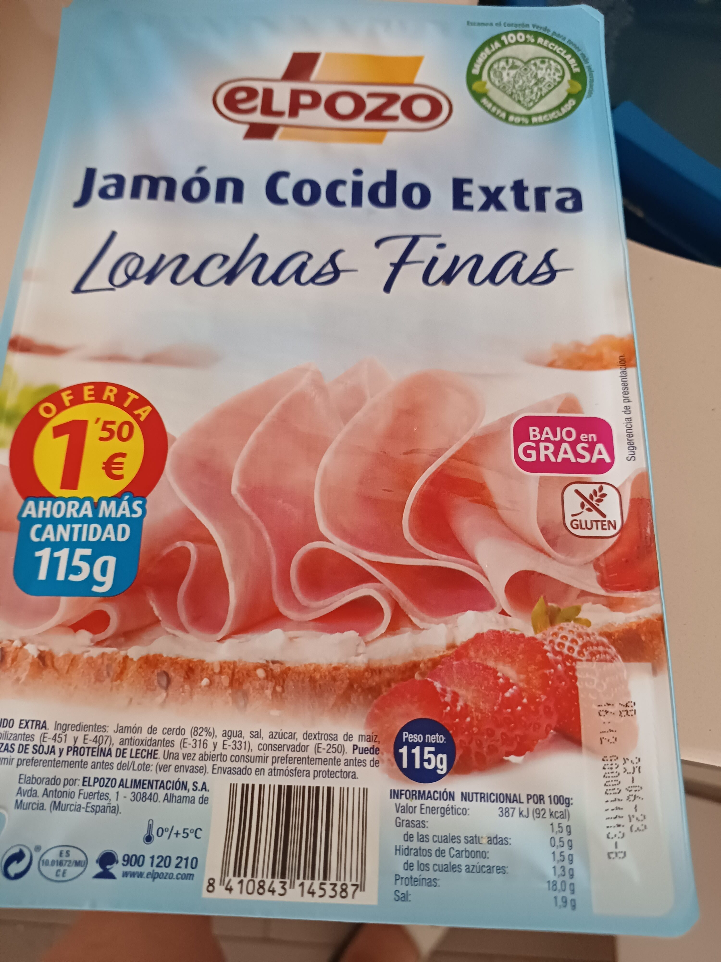Jamón Cocido Extra', 'ingredientslist': 'jamon De Cerdo, Agua, Sal, Estabilizadores (e451, E407), Dextrosa, Azucar, Aroma, Antioxid. 123456 (e316, E333), Saborizante (e621), Conservantes (e250, E243)