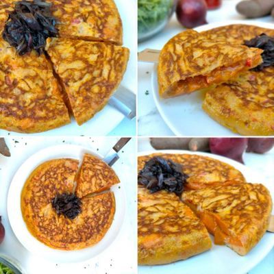 Tortilla de boniato, pimientos de piquillo y queso de cabra