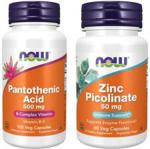 NOW Foods Pantothenic Acid kwas pantotenowy B5 500mg 100 kaps + Zinc Picolinate pikolinian cynku 50mg 60 kaps