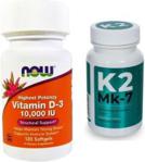 NOW Foods Witamina D3 10000IU 120 kaps żelowych + Visanto Witamina K2 MK-7 100mcg 60 kaps