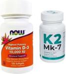 NOW Foods Witamina D3 10000IU 120 kaps żelowych + Visanto Witamina K2 MK-7 200mcg 60 kaps