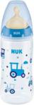 NUK First Choice Butelka ze wskaźnikiem temperatury + lateksowy smoczek 0-6 mies. do mleka niebieski traktor 300ml