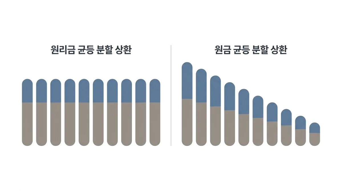 왼쪽은 높이가 같은 막대가 나란히 놓이고, 오른쪽은 막대 높이가 점점 낮아지는 두 상환 흐름 비교 그림