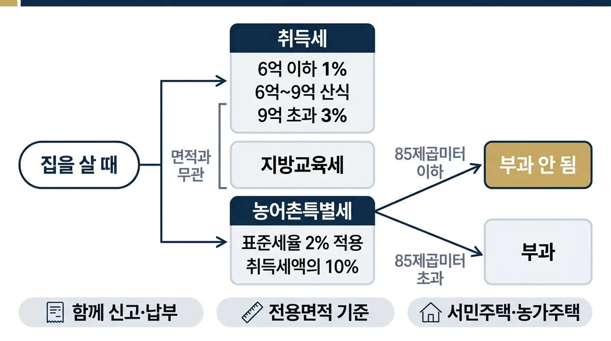 집을 살 때 붙는 취득세·지방교육세·농어촌특별세 흐름도. 취득세와 지방교육세는 면적과 무관하고, 농어촌특별세만 전용면적 85제곱미터 이하는 부과 안 됨, 초과는 부과로 갈린다