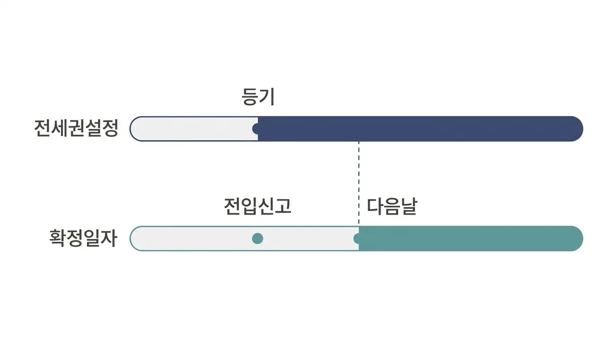 가로 시간 막대 두 줄 비교. 위쪽 전세권설정은 등기 지점부터 바로 색이 채워지고, 아래쪽 확정일자는 전입신고 지점보다 뒤인 다음날 지점부터 채워져 그만큼 순위가 늦게 시작된다