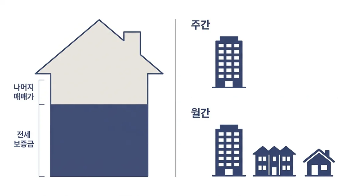 왼쪽은 집 모양 아래쪽 약 3분의 2가 전세 보증금으로 채워지고 위쪽은 나머지 매매가로 남은 그림, 오른쪽은 주간 자료가 아파트 하나만, 월간 자료가 아파트·연립·단독주택 셋을 보는 것을 나타낸 그림