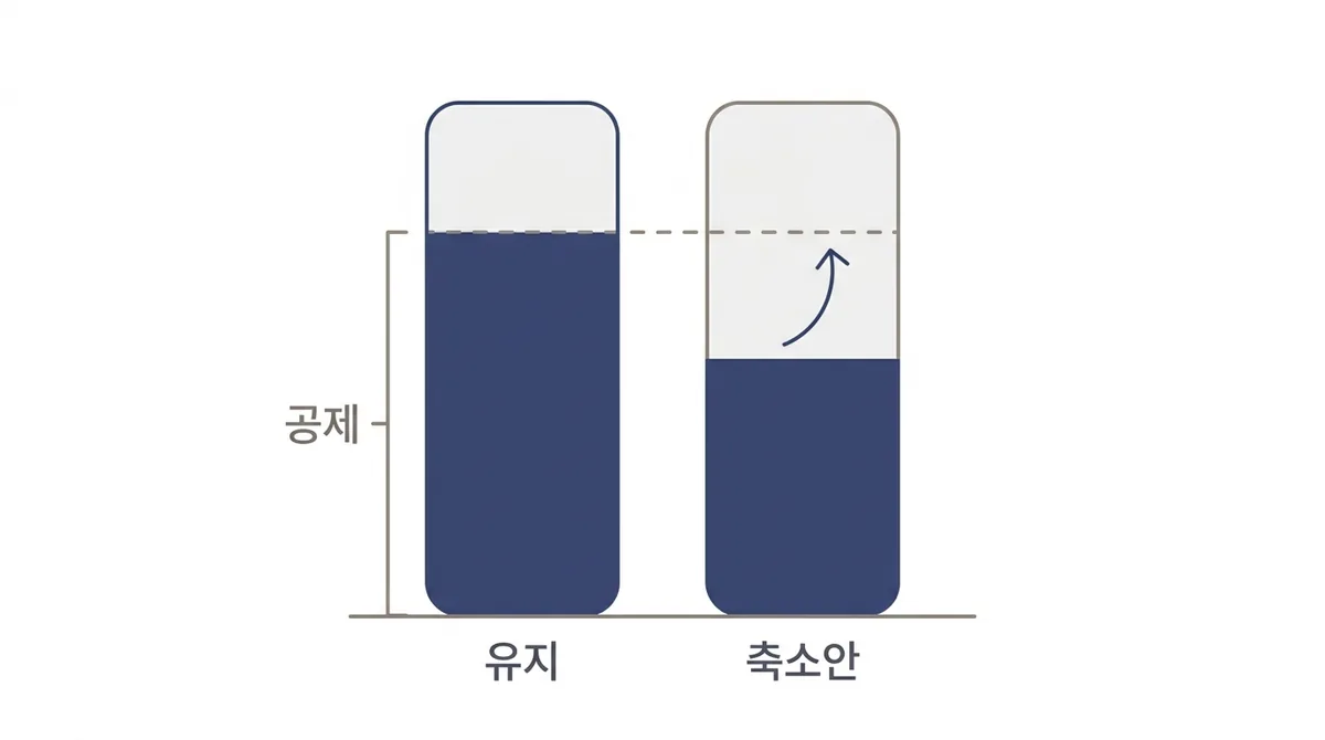 두 개의 세로 막대로 기본공제를 견준 그림. 왼쪽 유지 막대가 더 높이 차 있고, 오른쪽 축소안 막대는 낮게 찼다가 화살표로 유지 높이까지 되돌아간다