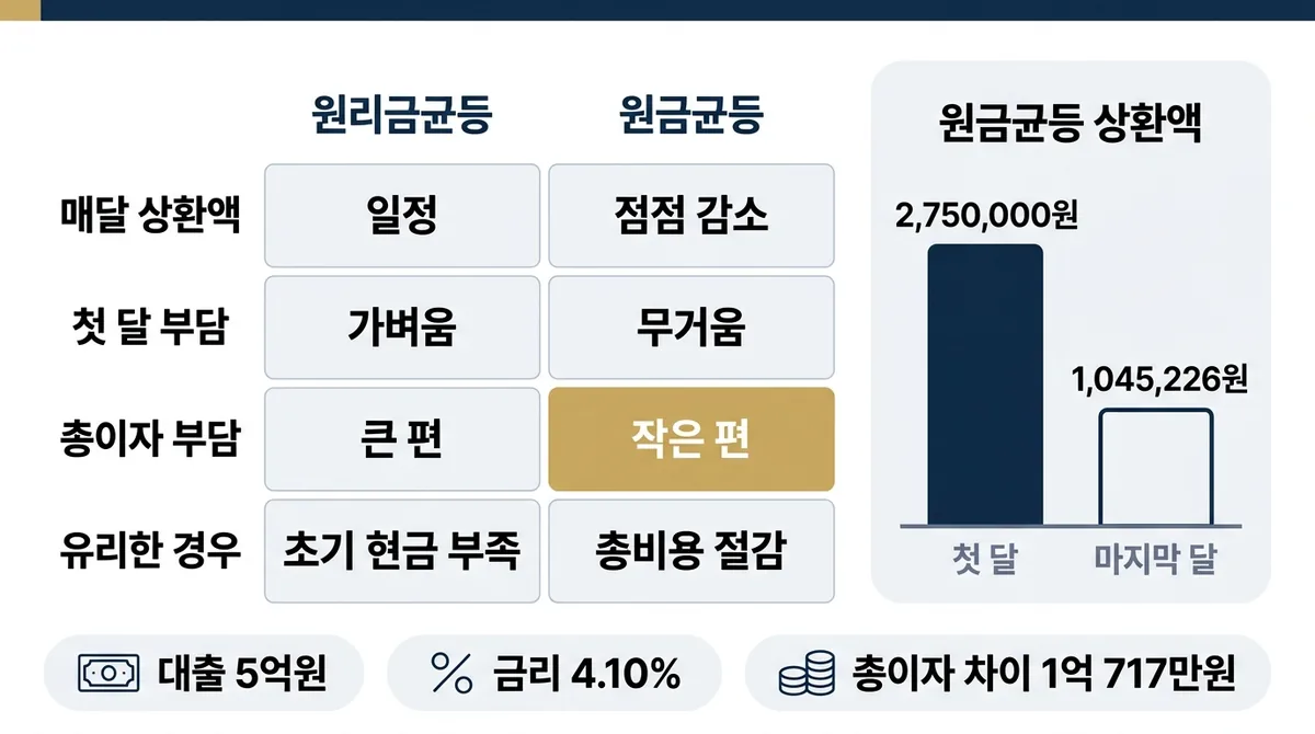 원리금균등과 원금균등을 네 항목으로 비교한 표. 첫 달 부담은 원리금균등이 가볍고 총이자는 원금균등이 적다. 옆에는 원금균등 월 상환액이 첫 달 2,750,000원에서 마지막 달 1,045,226원으로 줄어드는 막대가 있다. 아래에 대출 5억원, 금리 4.10%, 총이자 차이 1억 717만원 표시.