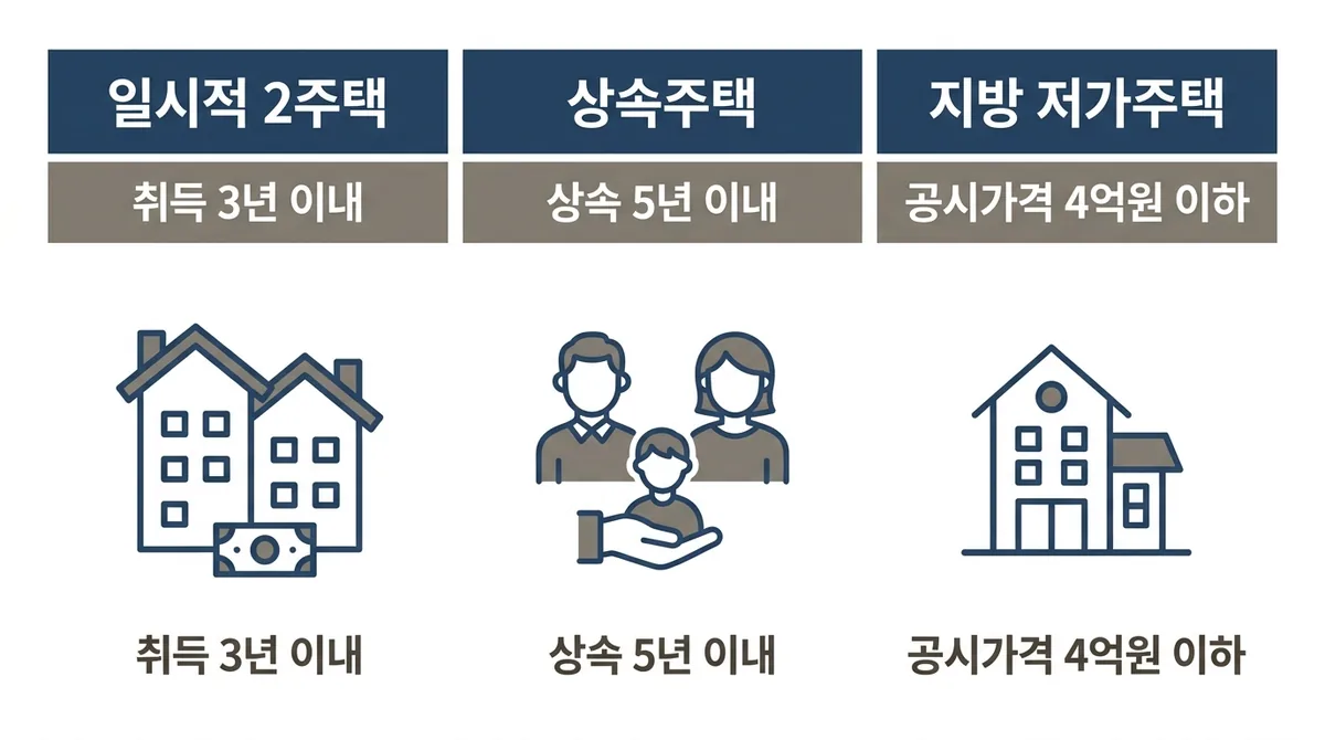 종부세 1세대1주택 특례의 세 가지 유형(신규주택, 상속주택, 지방 저가주택)을 병렬로 표시한 다이어그램. 각 유형 아래 '실거주 불필요'를 나타내는 기호