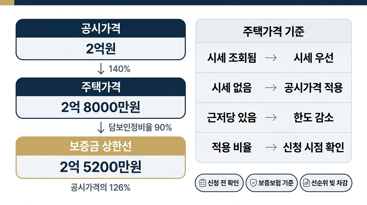공시가격 2억원에 140%를 곱해 주택가격 2억 8000만원을 구하고, 다시 담보인정비율 90%를 곱해 보증금 상한선 2억 5200만원이 나오는 2단계 계산