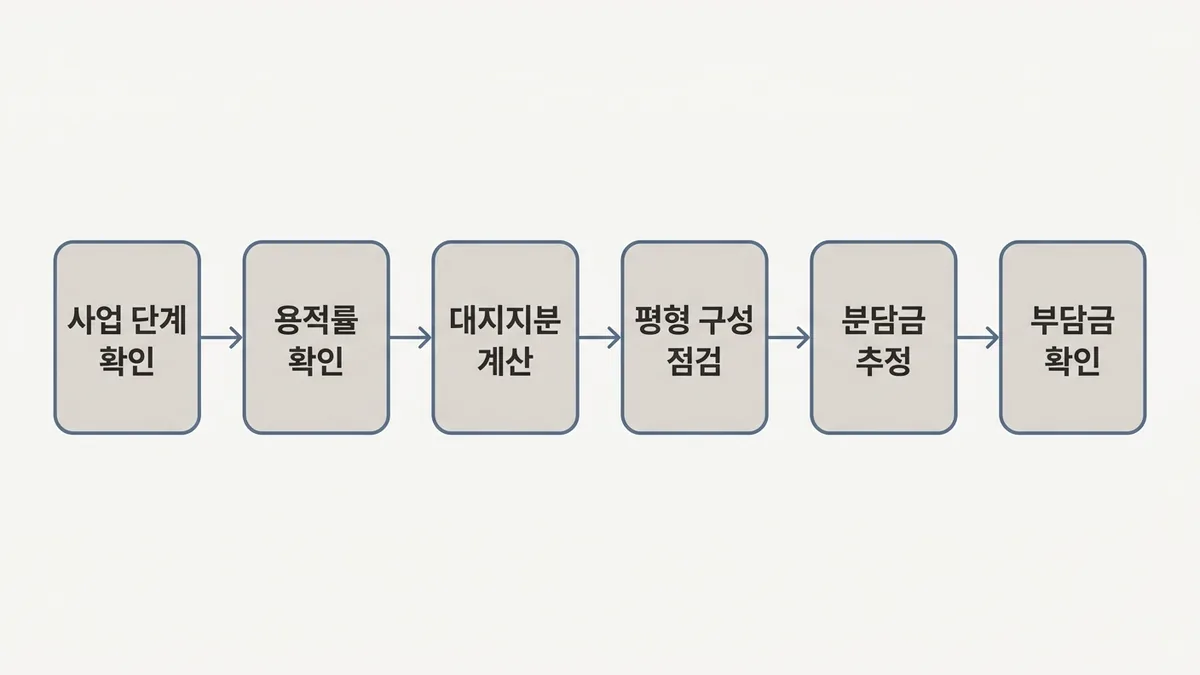 재건축 사업성 판단 절차를 왼쪽에서 오른쪽으로 이어 놓은 흐름도. 사업 단계 확인, 용적률 확인, 대지지분 계산, 평형 구성 점검, 분담금 추정, 부담금 확인의 여섯 상자가 화살표로 순서대로 연결되어 있다.
