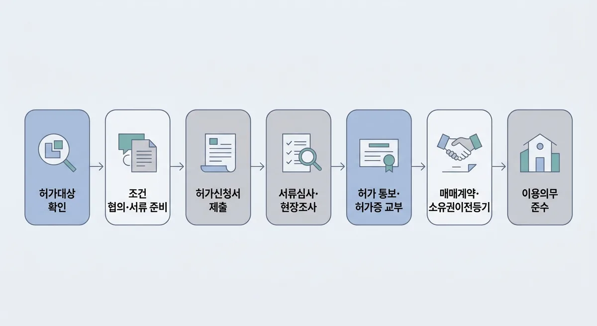 왼쪽에서 오른쪽으로 이어지는 일곱 단계 절차도. 순서대로 허가대상 확인, 조건 협의와 서류 준비, 허가신청서 제출, 서류심사와 현장조사, 허가 통보와 허가증 교부, 매매계약과 소유권이전등기, 이용의무 준수 단계를 화살표로 연결해 보여준다.
