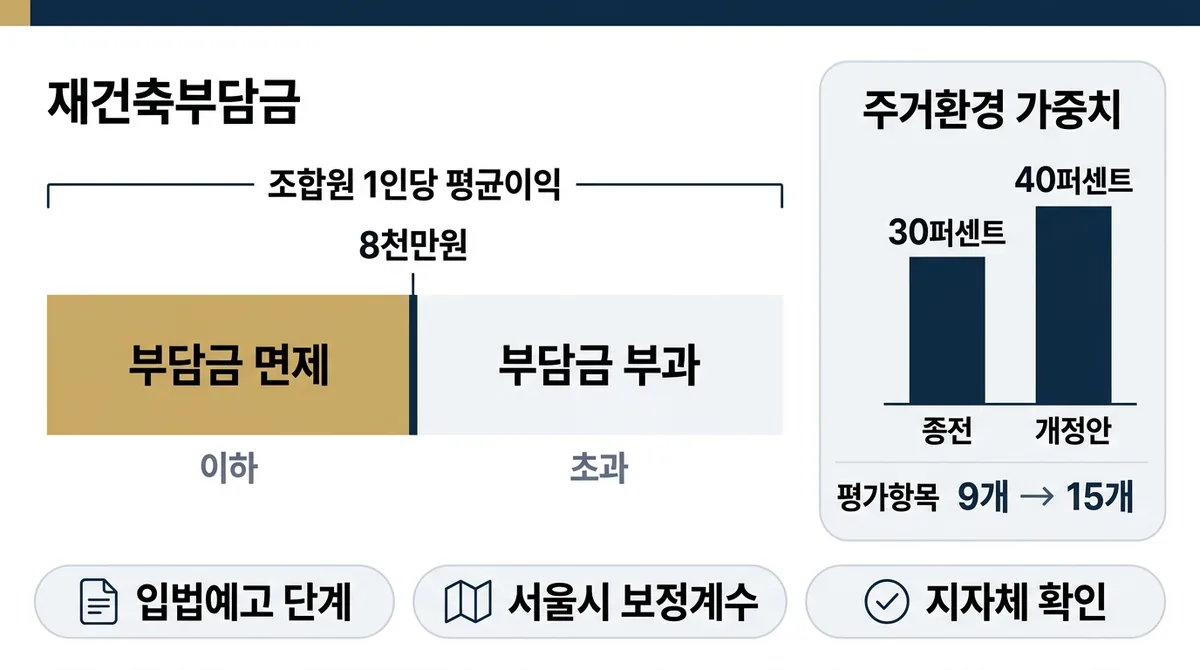 조합원 1인당 평균이익을 나타낸 가로 막대가 8천만원을 경계로 갈려 왼쪽은 부담금 면제, 오른쪽은 부담금 부과로 표시되고, 오른쪽에는 주거환경 가중치 종전 30퍼센트와 개정안 40퍼센트 막대, 평가항목 9개에서 15개가 놓여 있다
