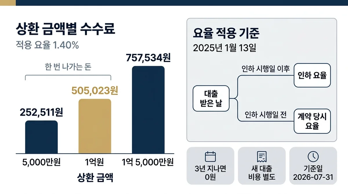 상환 금액별 중도상환수수료 막대 세 개와 대출 받은 날 기준 요율 갈림. 5,000만원 252,511원, 1억원 505,023원, 1억 5,000만원 757,534원, 요율 1.40%
