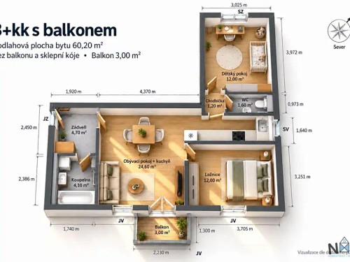Prodej bytu 3+kk 60 m²