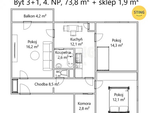 Prodej bytu 3+1 74 m²