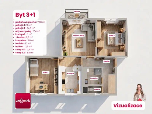 Prodej bytu 3+1 73 m²