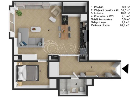 Prodej bytu 2+kk 61 m²