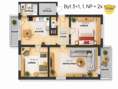 Prodej bytu 3+1 67 m²