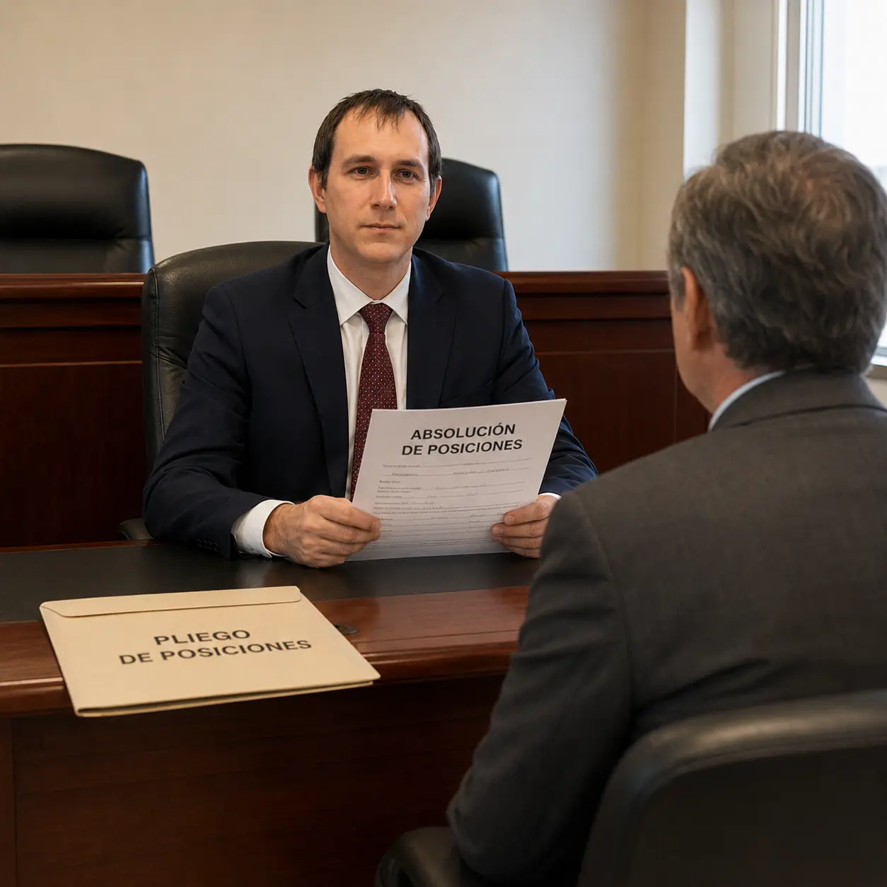 Receptor judicial tomando una absolución de posiciones en sala de tribunal con el pliego de posiciones cerrado sobre la mesa, Concepción