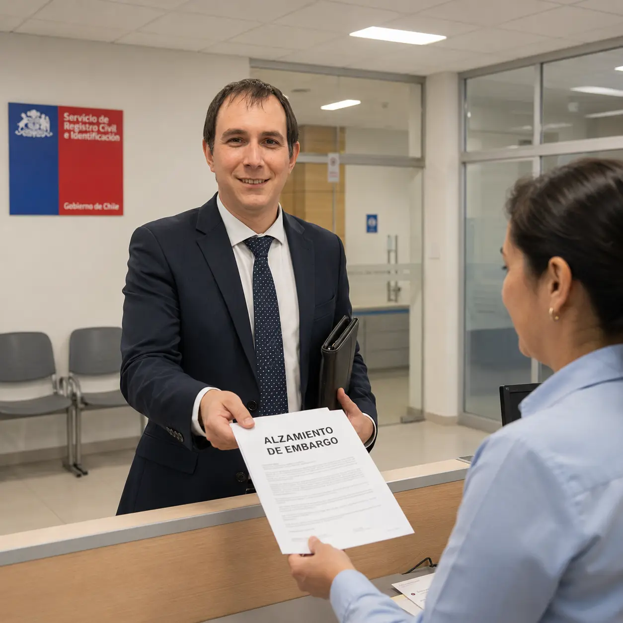 Receptor judicial presentando un alzamiento de embargo de vehículo en el Servicio de Registro Civil e Identificación, Concepción