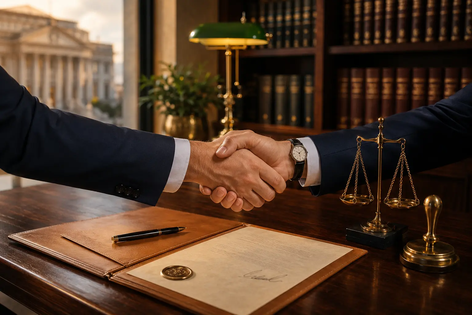 Apretón de manos profesional entre el Receptor Judicial de Concepción y su cliente, con carpeta de diligencia entregada y vista del Palacio de Tribunales al fondo