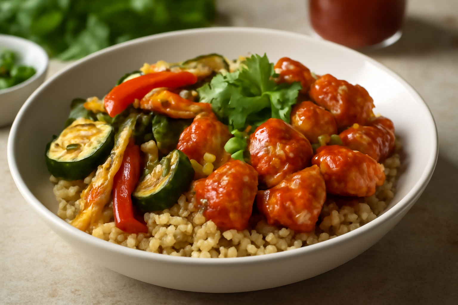 Bowl de Quinoa au Poulet Sriracha et Légumes Grillés