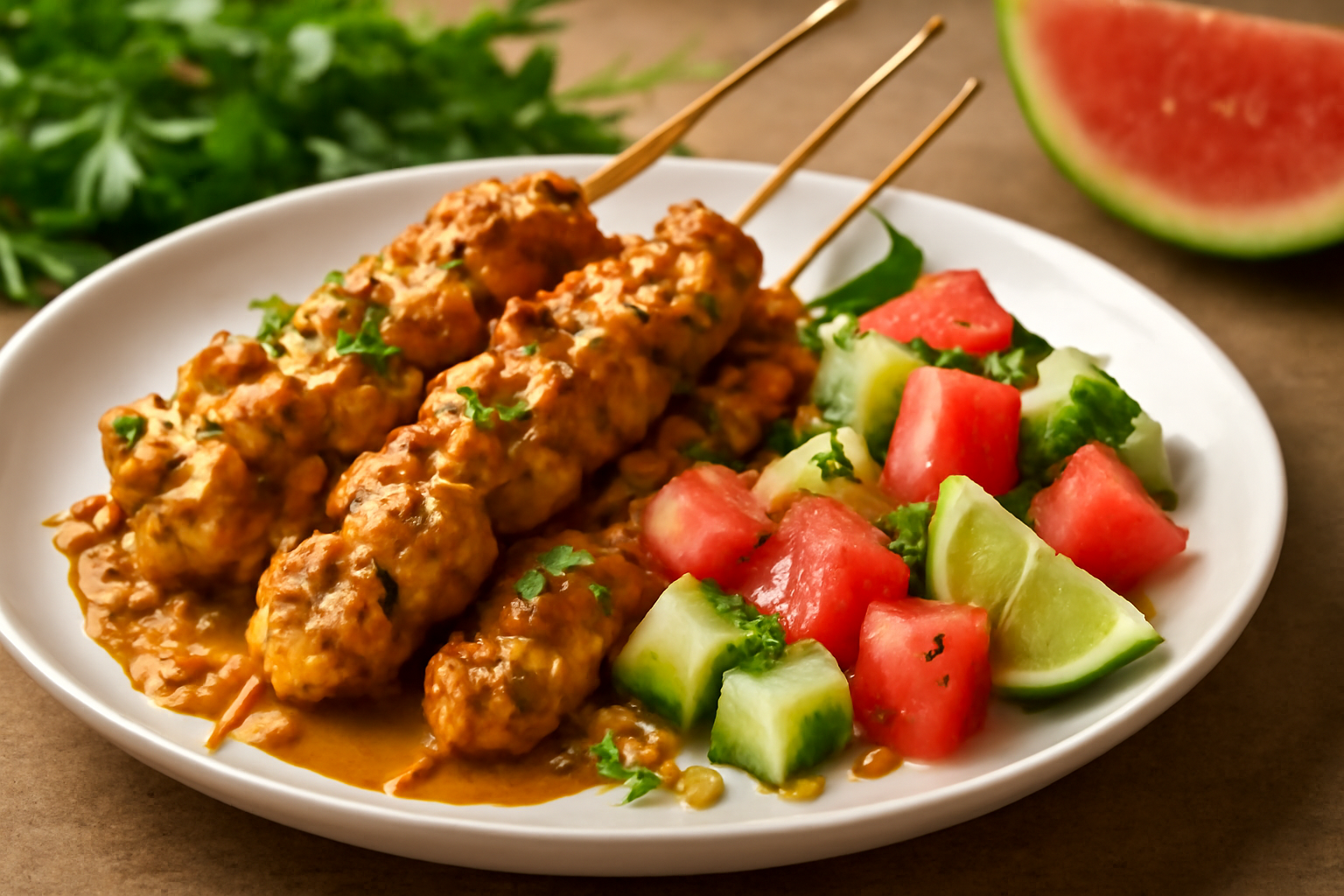 Poulet Satay aux Cacahuètes et Melon d'Eau Croquant