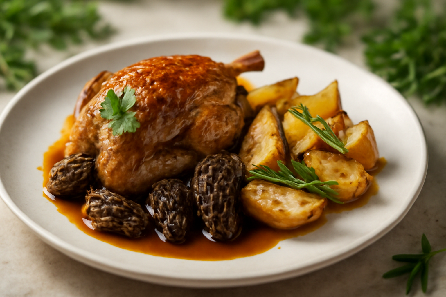 Poitrine de Caille aux Morilles et Potatoes au Romarin