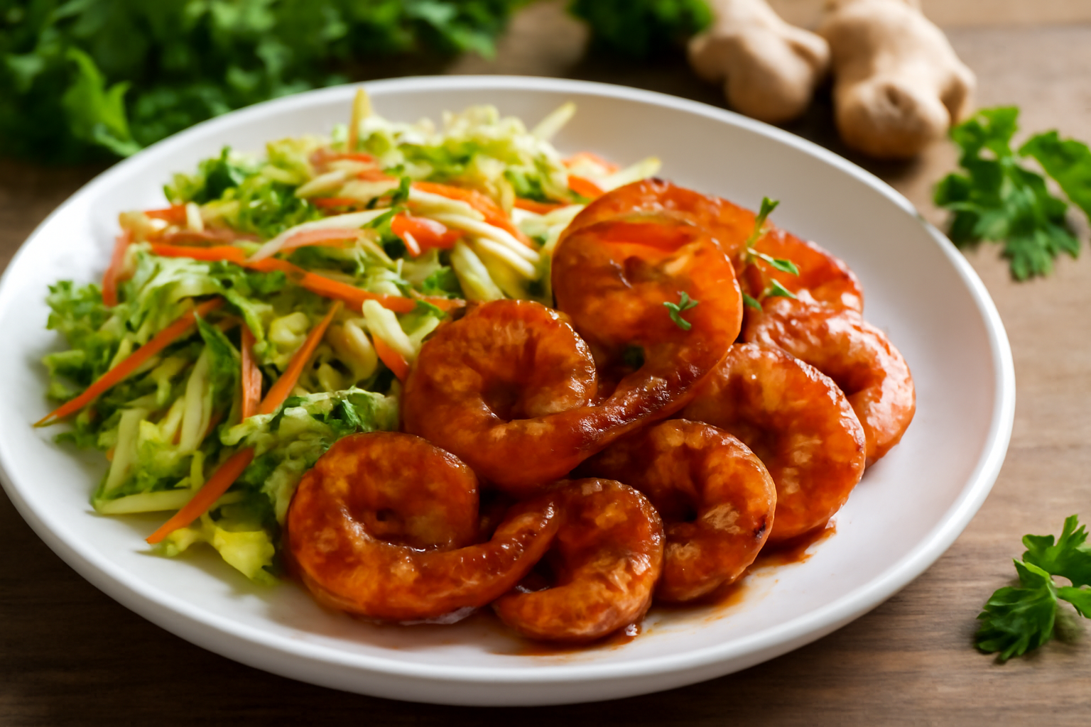 Crevettes Caramélisées au Gingembre et Salade Croquante à l'Asiatique