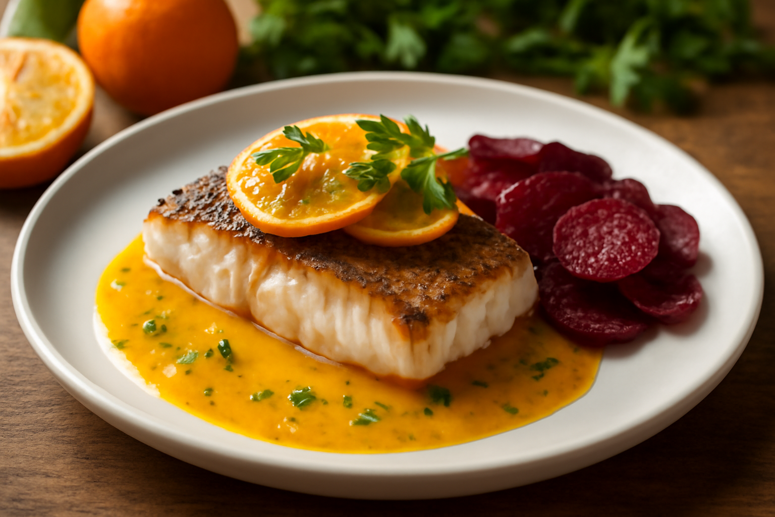 Filet de Basse aux Agrumes avec Chips de Betterave