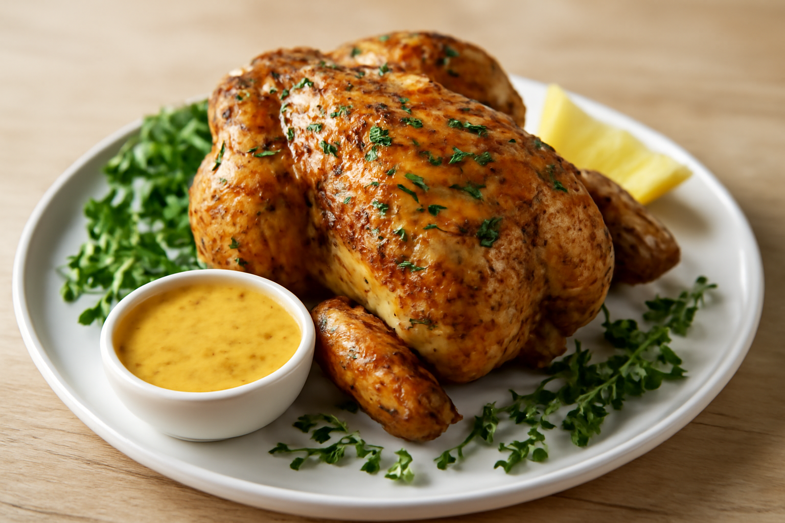 Poulet rôti aux herbes et sauce moutarde miel