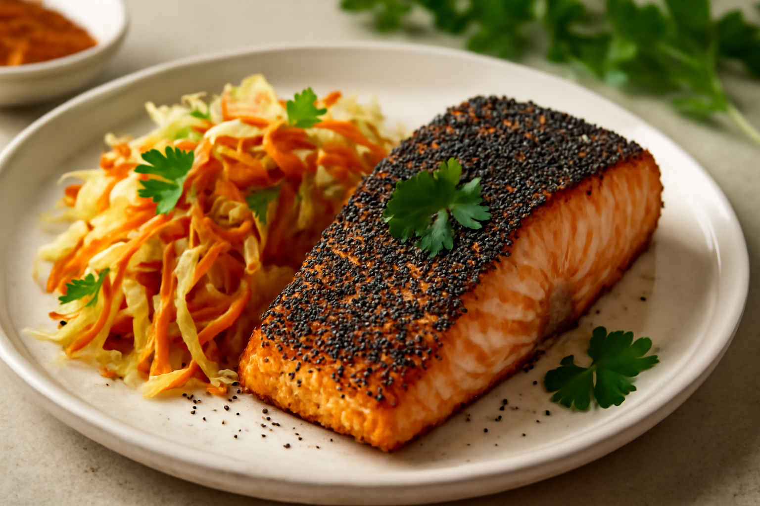 Saumon Rôti aux Graines de Pavot avec Salade de Choux et Carottes Épicée