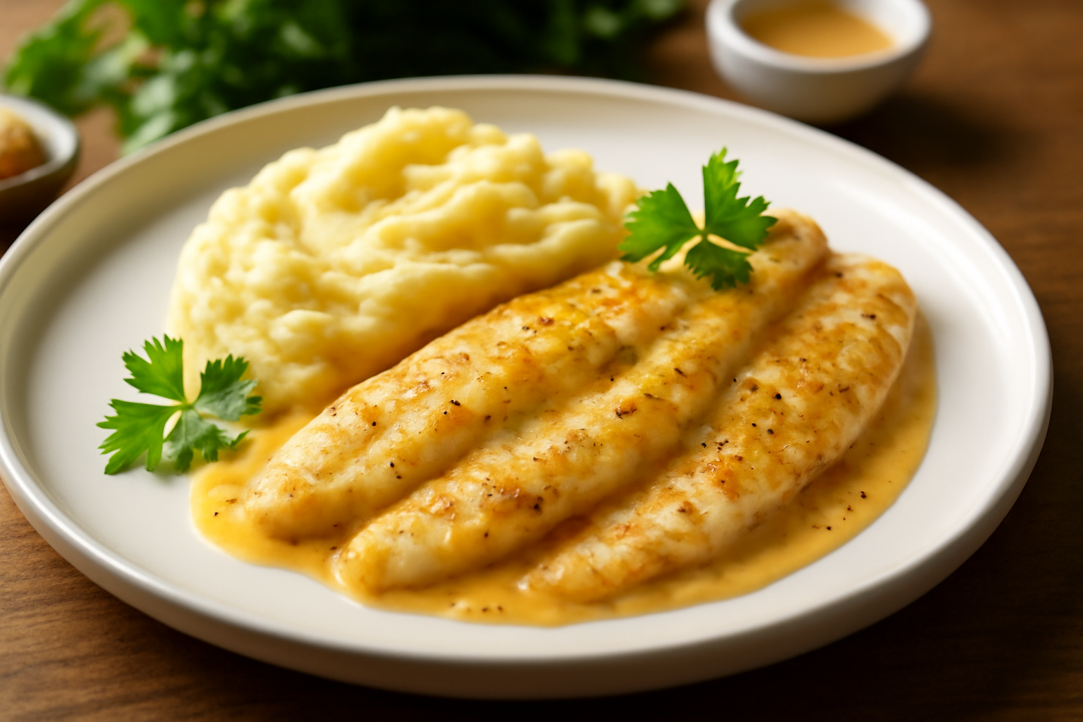 Filets de Sole à la Moutarde Douce et Purée de Pommes de Terre Raffinée