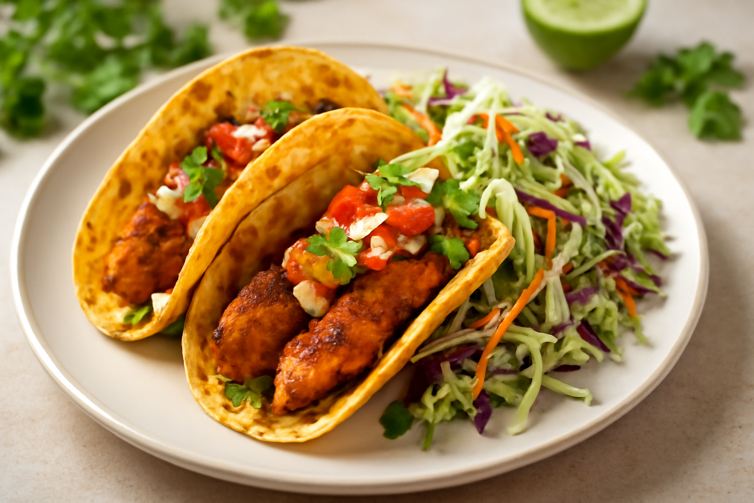 Tacos de Poisson Épicés et Salade de Coleslaw