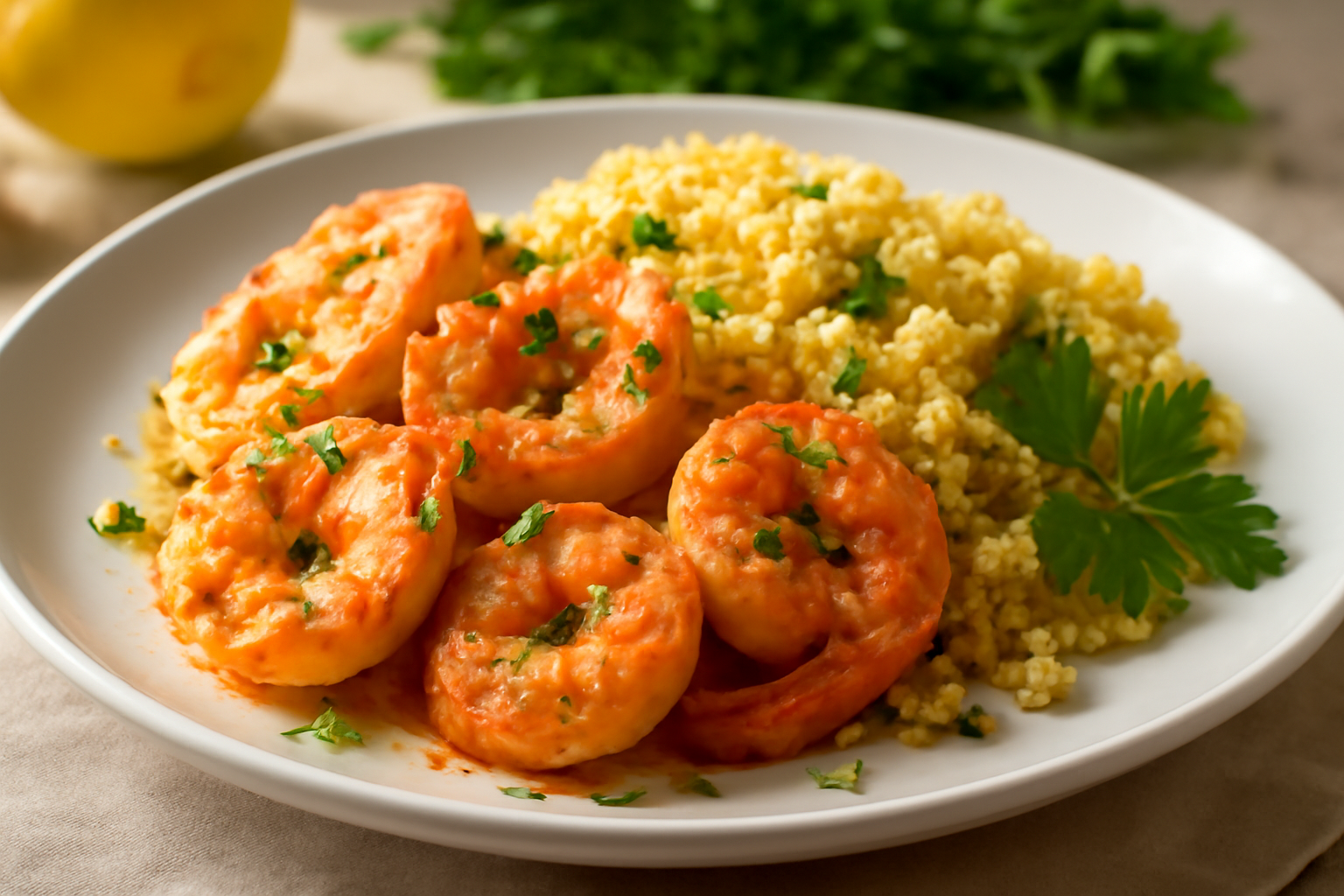 Crevettes Sautées à l'Ail et Couscous Pilaf