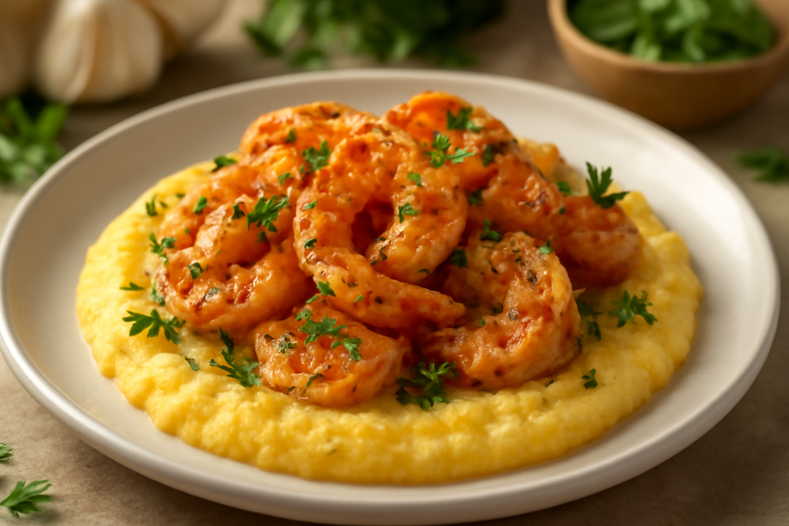 Crevettes Sicanaises à l'Ail et Origan avec Polenta crémeuse