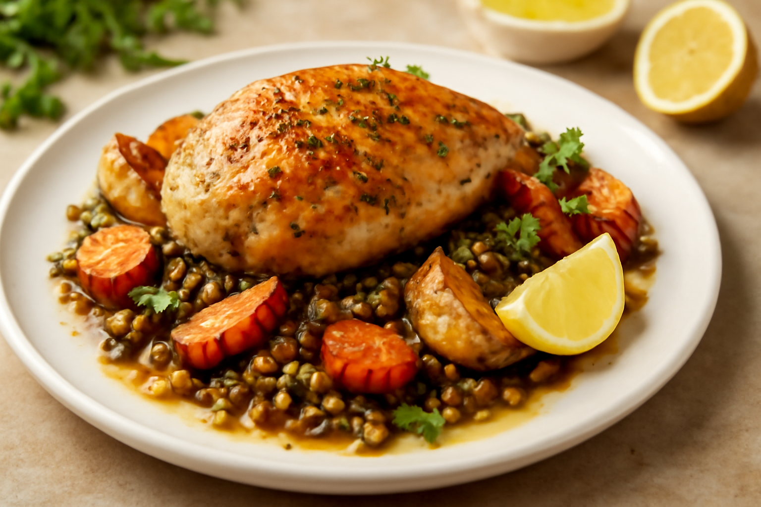 Poulet aux Lentilles et Légumes Rôtis