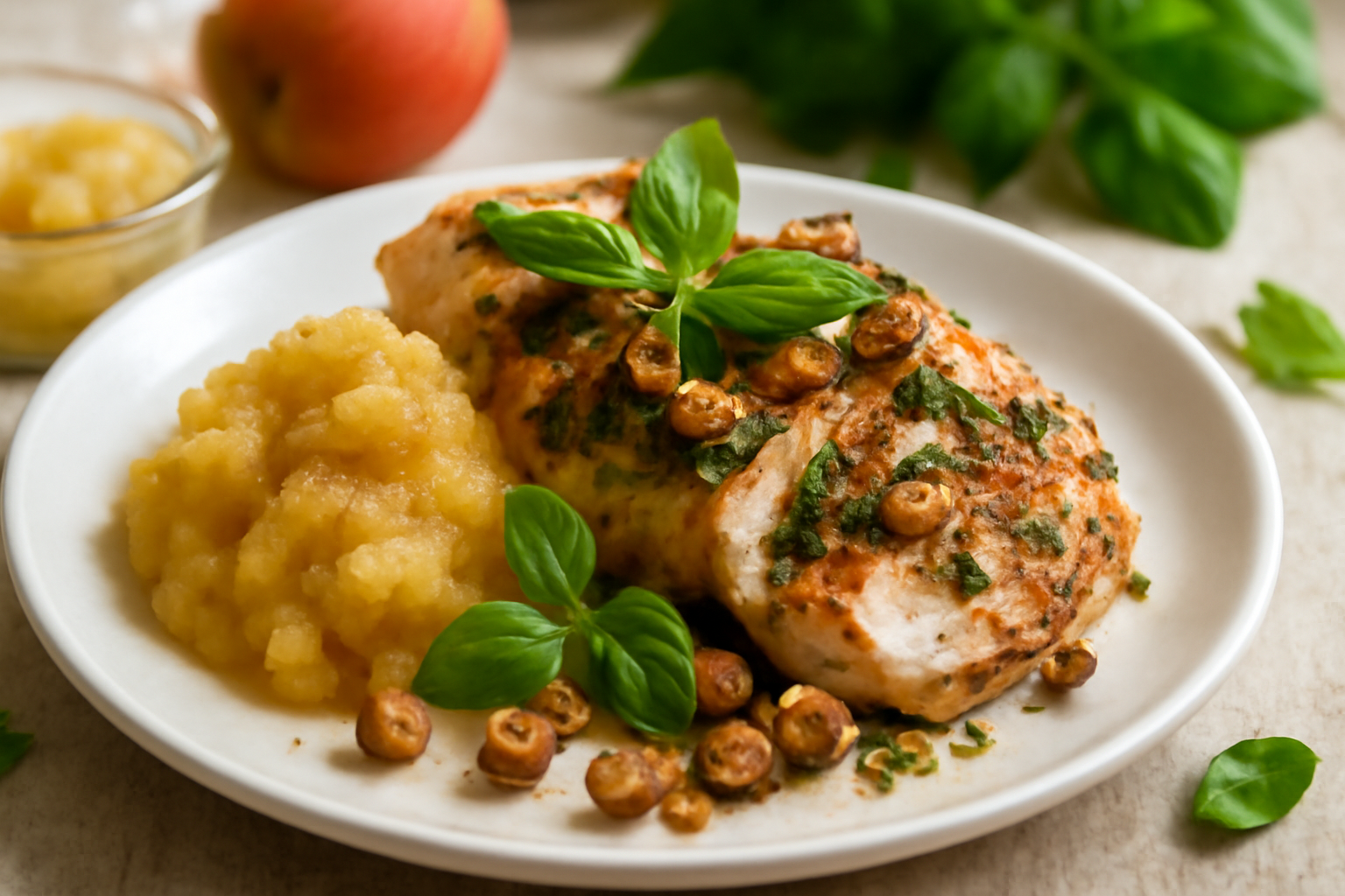 Poulet au Basilic et Noisettes Grillées avec Compote de Pommes