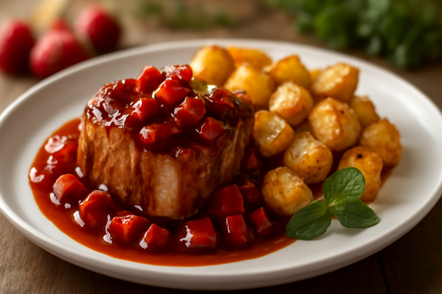 Filet de Porc Mariné aux Fruits avec Pommes de Terre Sautées