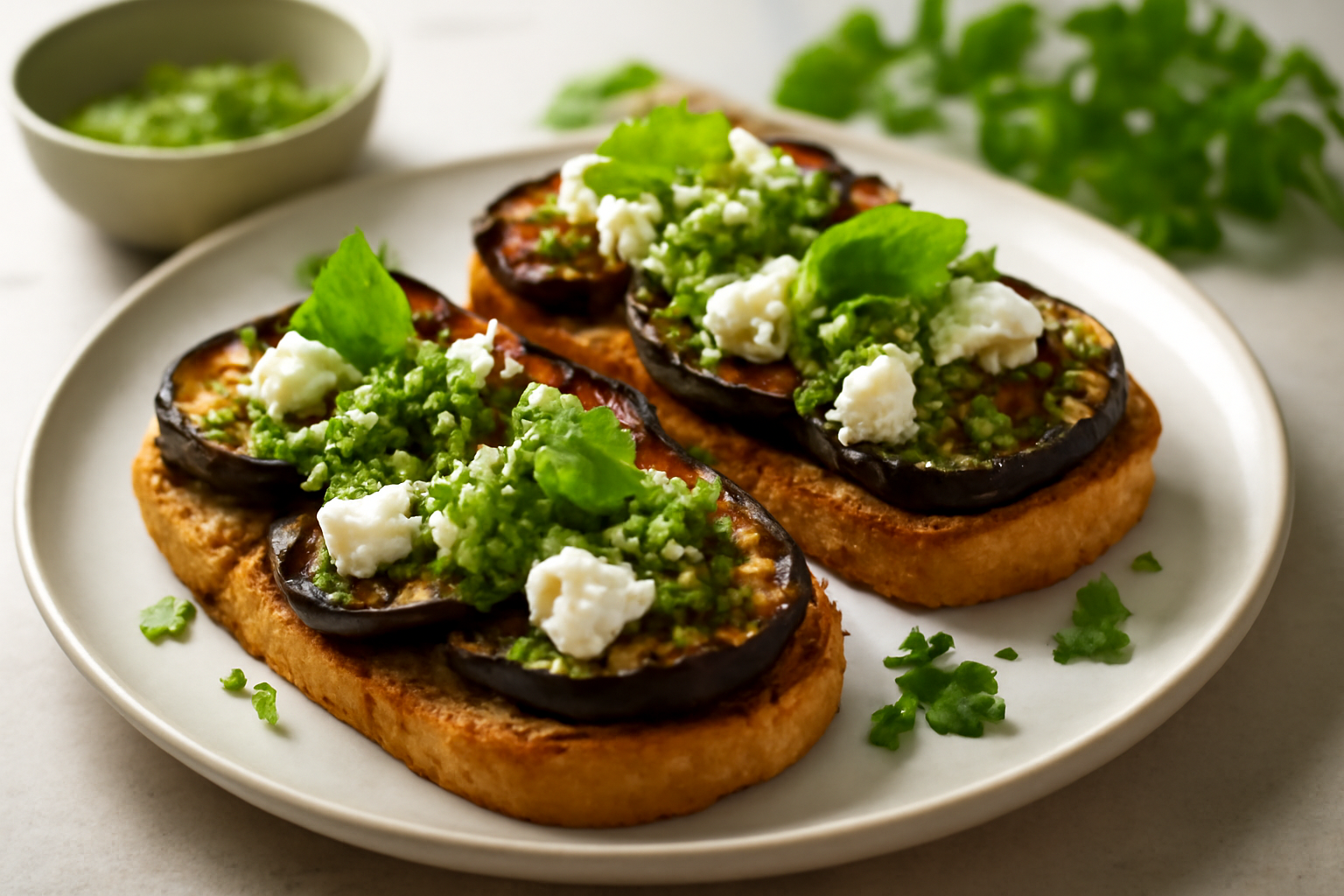 Tartines d'Aubergine Rôtie, Feta et Pesto