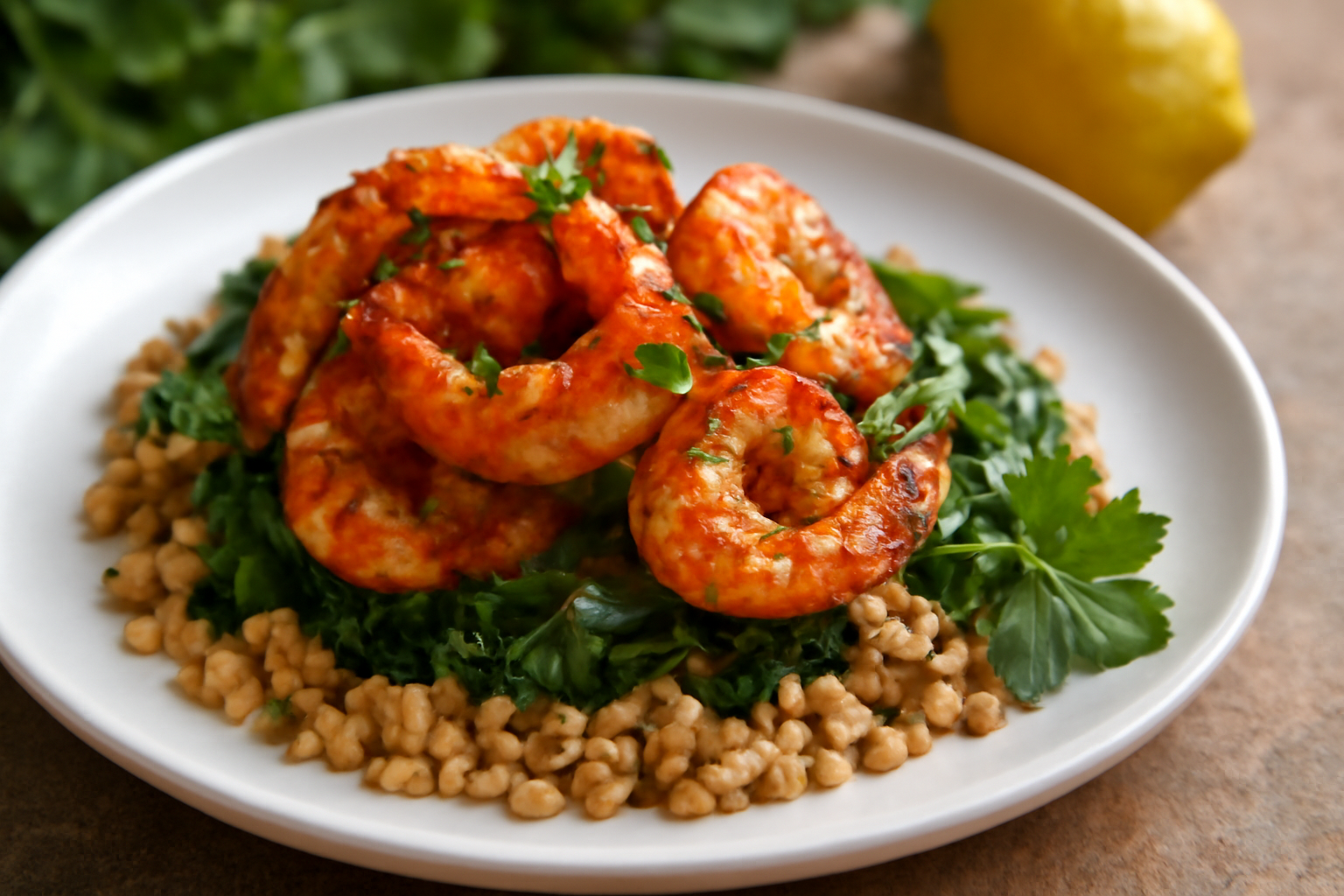 Crevettes Épicées sur Lit d'Épeautre aux Épinards