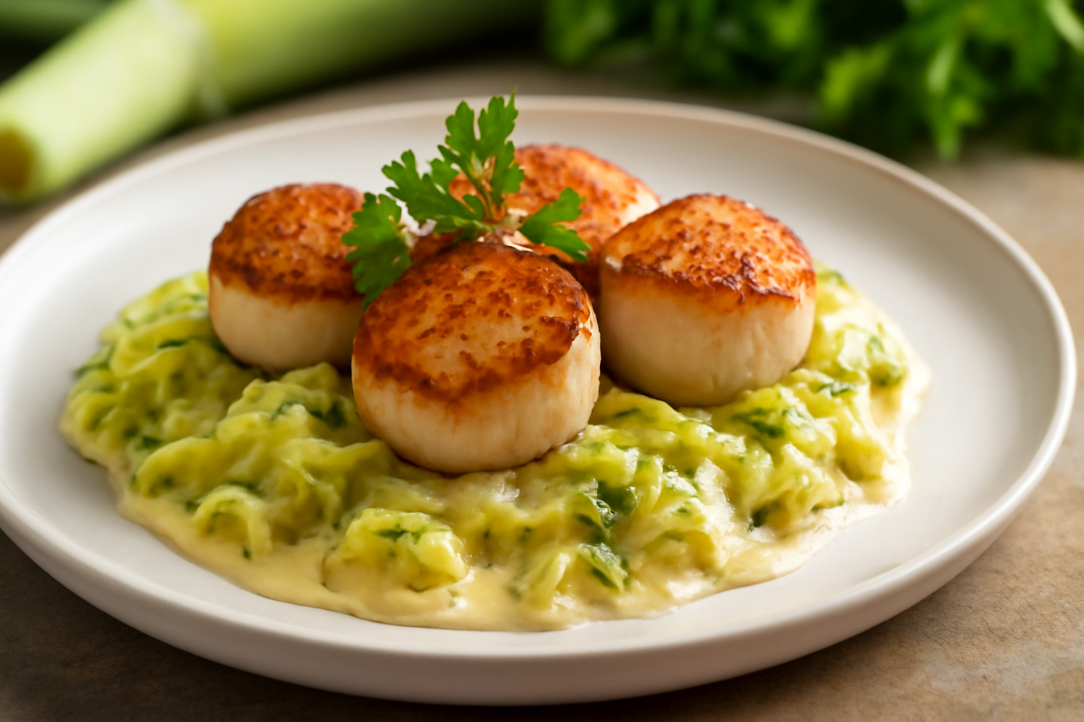 Noix de Saint-Jacques Grillées et Fondue de Poireaux