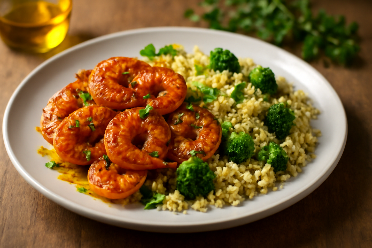 Crevettes à la Cocotte avec Épices Ternées et Couscous aux Brocolis