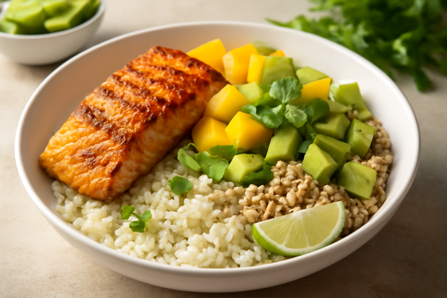 Bowl de Saumon Tropical avec Riz au Coco